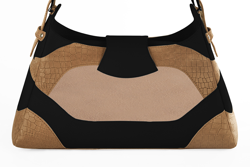 Camel beige and matt black women's dress handbag, matching pumps and belts. Rear view - Florence KOOIJMAN